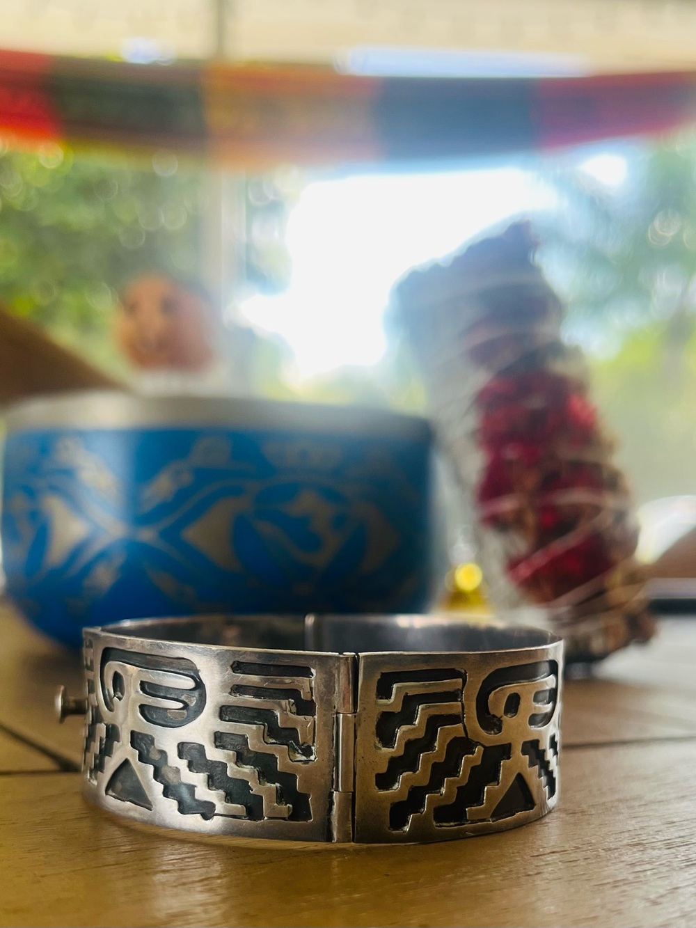 Vintage Taxco Mexico 925 Sterling Silver Geometric Bird Hinged Panel Bracelet